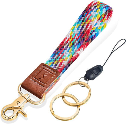 Fishent Stretchy Wristlet Keychain,Braided Cute Wrist Lanyards for Keys, Key Chain Holder for Women Men, Wrist Strap Keychain for Car Keys Phone Camera Wallet ID Badges Card (Rainbow)