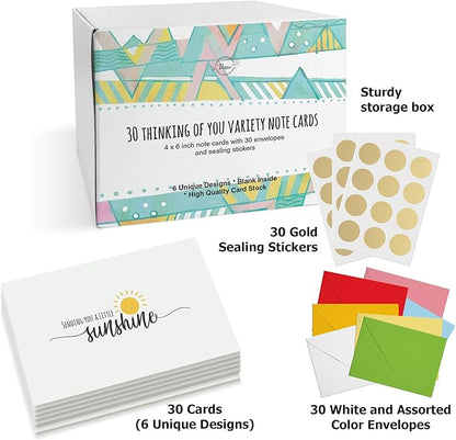 Dessie 30 Fun Thinking of You Cards With Envelopes. 30 4x6 Inch Note Cards With Envelopes Set - Blank Inside. 6 Unique Designs. Assorted Color Envelopes and Gold Seals. Sturdy Storage Box