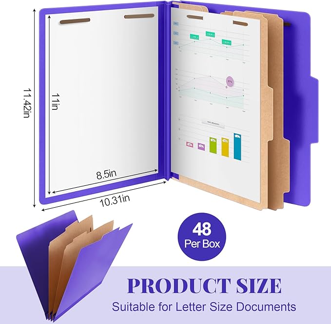 48 Pcs Classification Folders Bulk 2 Dividers File Folder with Fastener 2 Prongs Letter Size Pressboard Filefolders with 3.5 Inch Expansion for Organize Office Medical Document (Purple)