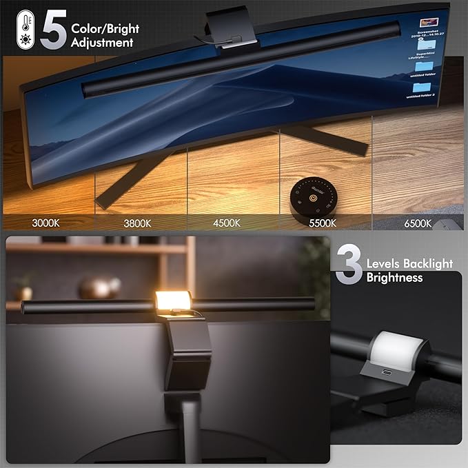 Quntis Monitor Light Bar with Remote, 16.7'' Eye Care No Glare Computer Light Bar with Backlight, Auto-Dimming & Timer, Stepless Dimming Monitor Lamp for Desk Gaming Home Office Curved Monitors