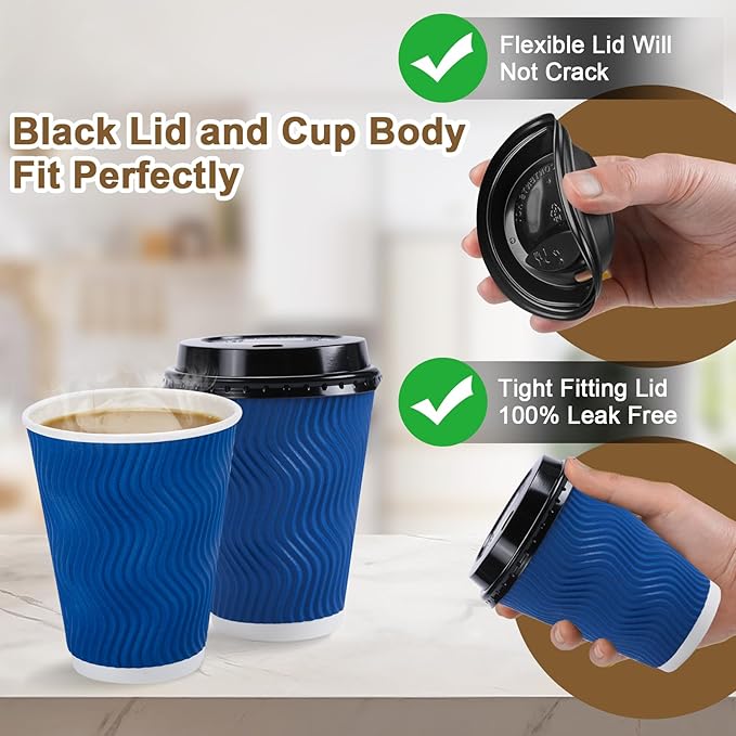 500 Pack Coffee Cups with Lids 12oz, Disposable Insulated Ripple Wall To Go Paper Coffee Cups for Hot/Cold Drinks Office Home Shop Event (Navy)