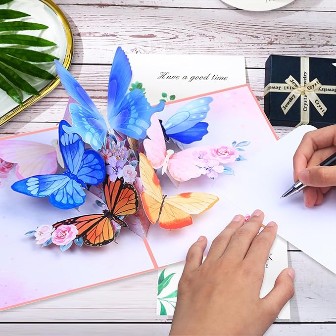 Pop Up Card, Butterfly and Flower 3D Greeting Card with Envelope for Any Occasion, Birthday, Mother's Day, Anniversary, Valentines Day, Handmade Gifts, Foldable Celebration Cards for Friends