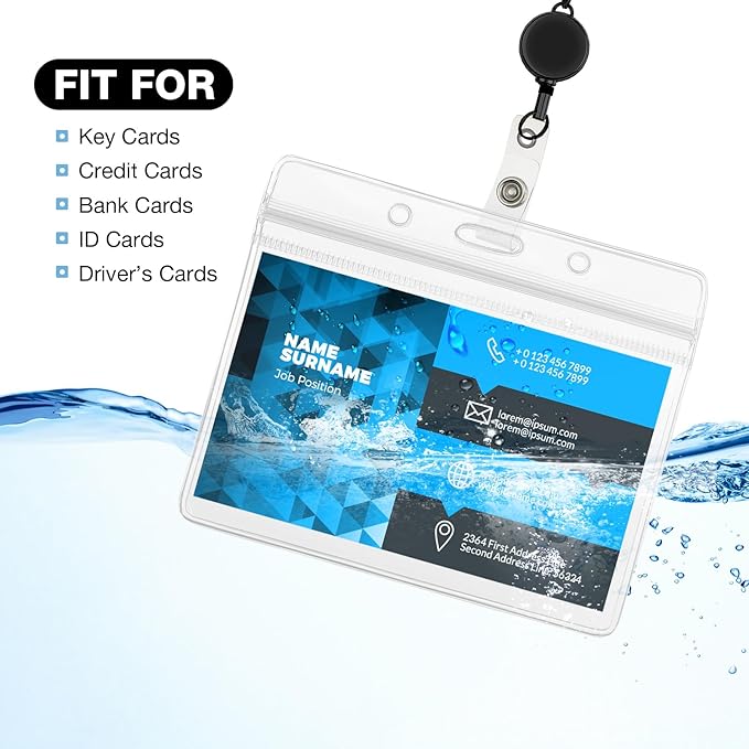 Outus 2 Pieces Badge Lanyard with ID Holders Stainless Steel Badge Holders Necklace Retractable Reel Clip Chain Water Resistant Name(Black)