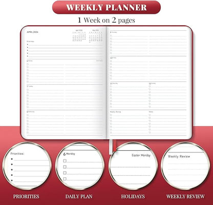 2026 Planner, Large Weekly and Monthly Planners, A4 Faux Leather Daily Calendar 2026 Planner, 12 Month Agenda from Jan. to Dec., Hardcover Habit Tracker Journal(Red)
