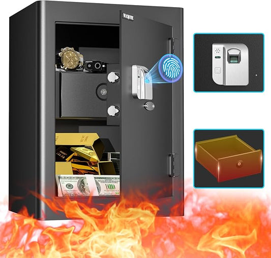 WASJOYE Fingerprint Biometric Safe Box Fireproof - Fingerprint Safe Box with Fireproof Lock Box, 2.5 Cubic Feet Fingerprint Safe for Home Office Hotel Jewelry Cash Documents Valuables Storage