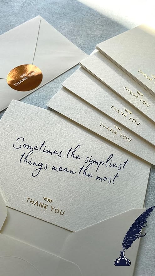 (36 Pack) RUN2PRINT Thank You Cards With Envelopes & Gift of 36 Foiled Stickers - Elegant Emboss Rose Gold Foil Pressed Blank Notes Wedding All Occasion Cards (Ivory)