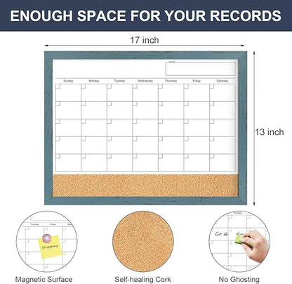 Whiteboard Calendar & Corkboard for Wall, 17"x13" Dry Erase Monthly Calendar with Wood Framed, Magnetic White Board Cork Board Combo, Calendar Bulletin Board for Home Office Kitchen Memo Planner