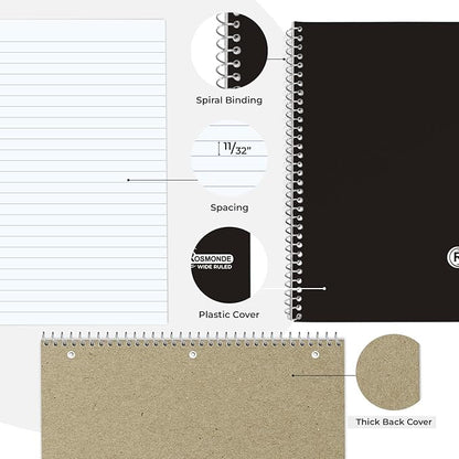 1 Subject Spiral Notebook, 12 Pack, Wide Ruled, Water Resistant Cover, Thick 140 Pages/Book (70 Sheets), 8 x 10-1/2, 3 Hole, Bulk School & Office, Black Cover