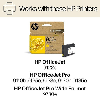 HP 936e EvoMore Yellow Ink Cartridge | Works OfficeJet 9120 Series, OfficeJet Pro 9100 Series, OfficeJet Pro Wide Format 9700 Series | Carbon Neutral | 4S6V5LN