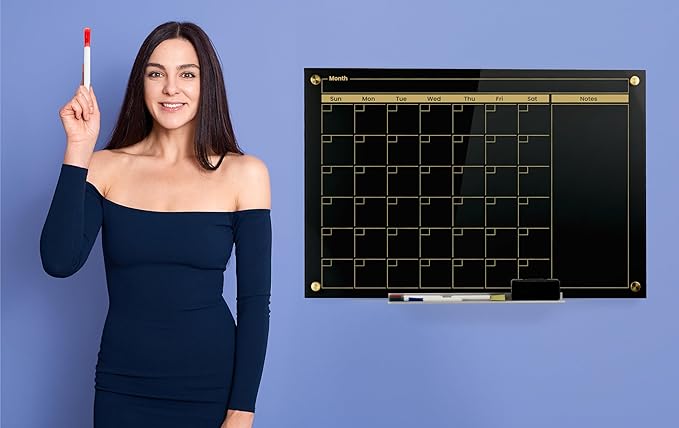Real Glass Dry Erase Monthly Calendar, Extra Large 24" x 36", Tempered Glass Surface, Frameless Wall Mount, with 4 Assorted Color Markers and Eraser, by Better Office Products (Jet Black/Gold Print)