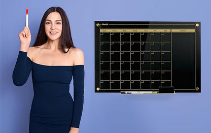 Real Glass Dry Erase Monthly Calendar, Extra Large 24" x 36", Tempered Glass Surface, Frameless Wall Mount, with 4 Assorted Color Markers and Eraser, by Better Office Products (Jet Black/Gold Print)