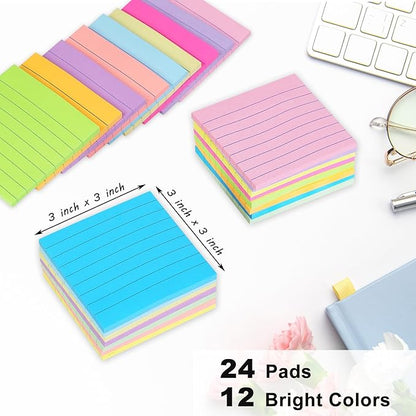 (24 Pack) Lined Sticky Notes 3x3 in Post Ruled Stickies Super Sticking Power Memo Pads,12 Bright Multi Colors Sticky Notes with Lines Self-Stick Note Pads