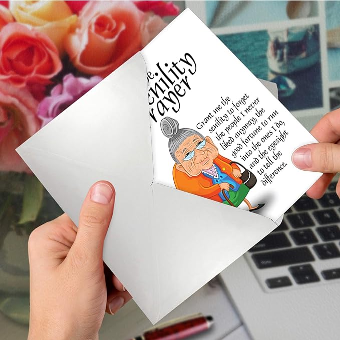 NobleWorks - Funny Happy Birthday Note Card with Envelope (4.63 x 6.75 Inch) - Bday Greeting Card for Women, Her, Sister Bday Celebration Notecard - Senility Prayer 9046