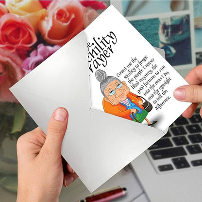 NobleWorks - Funny Happy Birthday Note Card with Envelope (4.63 x 6.75 Inch) - Bday Greeting Card for Women, Her, Sister Bday Celebration Notecard - Senility Prayer 9046