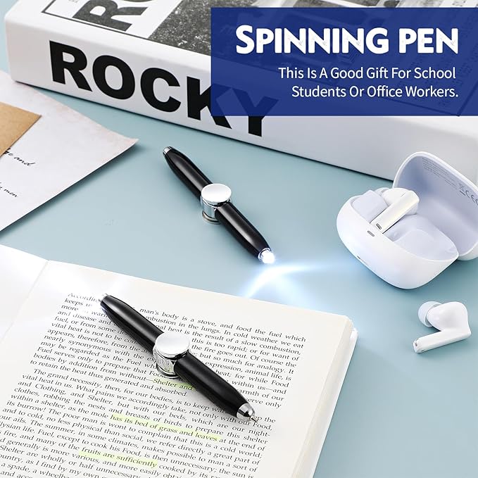 Chinco 2 Pieces Fidget Spinning Pen with LED Light Multi Functional Help Thinking Ballpoint Gift Pen for Adults Students Teenage(Black)