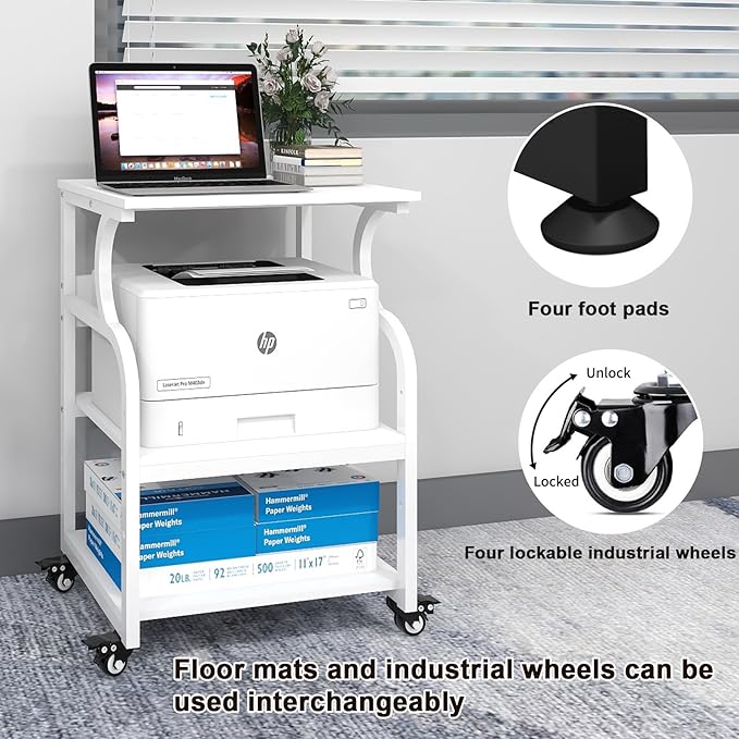 Natwind Large Printer Stand,24''x20''x29''Printer Table with Adjustable Storage Shelf,3 Tier Rolling Printer Cart with Wheels,Home Office Multifunctional Shelves for Heat Press,3D Printer (White)
