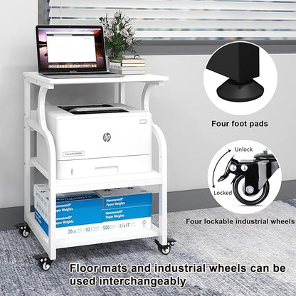 Natwind Large Printer Stand,24''x20''x29''Printer Table with Adjustable Storage Shelf,3 Tier Rolling Printer Cart with Wheels,Home Office Multifunctional Shelves for Heat Press,3D Printer (White)