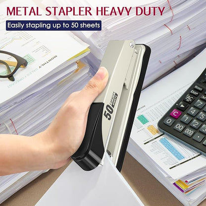 Metal Stapler Heavy Duty 50 Sheet Capacity with 1750 Staples and Staple Remover, White Stapler Full Strip Staplers for Desk, No Jam, Non-Slip Office Stapler with Staples for Office & Classroom, White