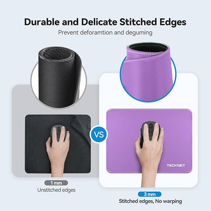 TECKNET Mouse Pad with Anti-fray Stitchin, Waterproof Surface & Non-Slip Rubber Base with Stitched Edges Gaming Mouse Mat for Laptop，Compatible with Laser and Optical Mice - Purple