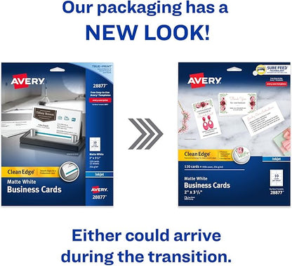 Avery Clean Edge Printable Business Cards with Sure Feed Technology, 2" x 3.5", White, 120 Blank Cards for Inkjet Printers (28877)