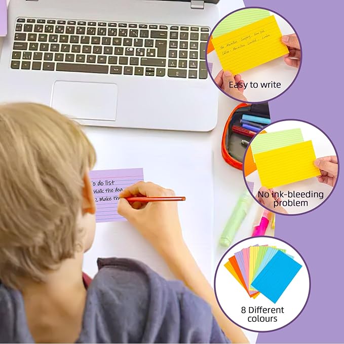 Koogel Index Cards 3 x 5 Inch, 272 Count, Ruled on both Sides, 8 Assorted Colors, Note Cards for Studying School Supplies College Office