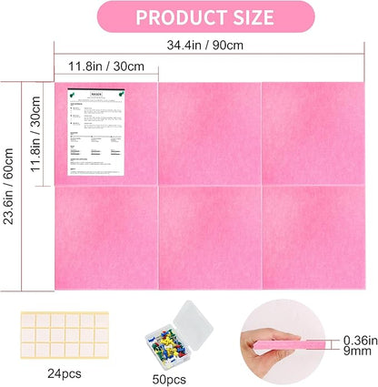 Vuzvuv Pink 35.4"x23.6" Large Cork Board with 50 Push Pins, Self-Adhesive Bulletin Board No Damage for Wall, Felt Pin Board for Paste Notes, Photos, Schedules Offices Home(6 Pcs 11.8x11.8 Inch)