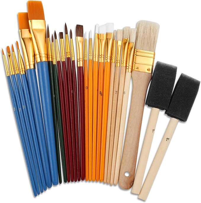 25 PCS All Purpose Paint Brush Set, Beginner, Paint, Craft, Multiple Mediums, Classroom - Assorted Paint Brushes Great with Acrylic, Oil, Watercolor, Gouache, Tempera Paints