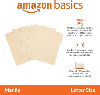 Amazon Basics 1/3-Cut Tab, Assorted Positions File Folders, Letter Size, Manila - Pack of 100