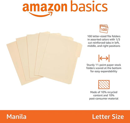 Amazon Basics 1/3-Cut Tab, Assorted Positions File Folders, Letter Size, Manila - Pack of 100