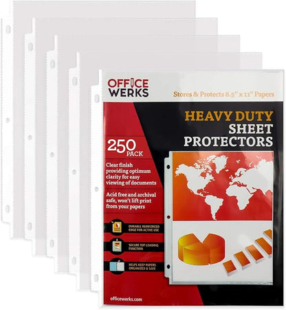 Office Werks 250 Sheet, Heavy Duty Clear Page Protectors 8.5"x11" for 3 Ring Binder, Plastic Sleeves, Durable Top Loading Paper with Reinforced Holes Archival Safe