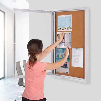SWANCROWN Enclosed Bulletin Board Cork Displays Boards Weather Resistant Wall Mounted Notice Case, 28x20inches