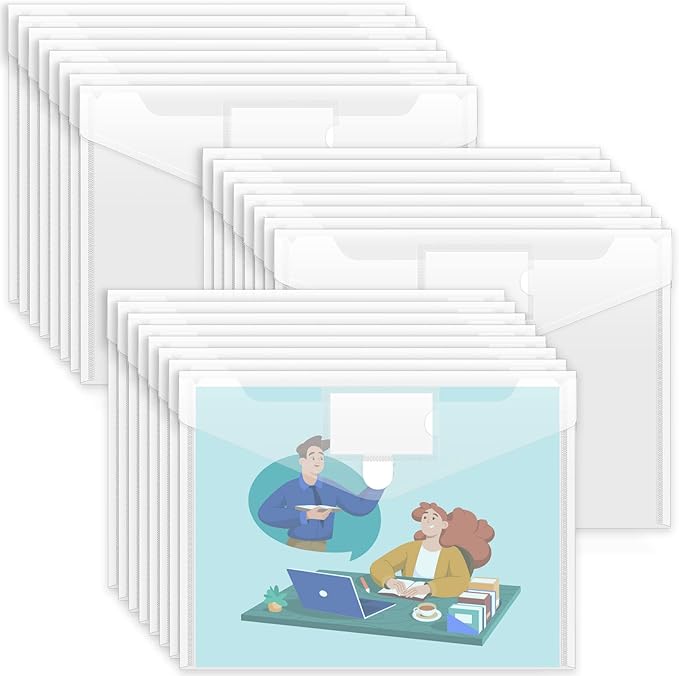 Sooez 24 Pack Plastic Envelopes Poly Envelopes, Clear Document Folders US Letter A4 Size File Envelopes with Label Pocket for School Home Work Office Organization, Clear