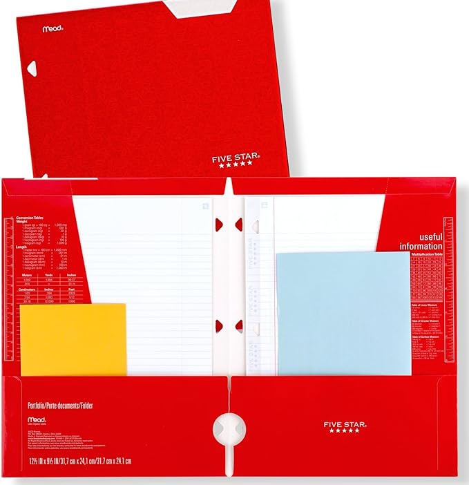 Five Star 4 Pocket Folders, 6 Pack, Paper Folders, Fits 3-Ring Binders, Holds 8-1/2" x 11" Paper, Writable Label, Black, Fire Red, Forest Green, Pacific Blue, White, Amethyst Purple (38058)