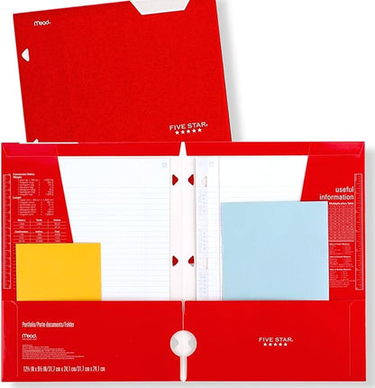 Five Star 4 Pocket Folders, 6 Pack, Paper Folders, Fits 3-Ring Binders, Holds 8-1/2" x 11" Paper, Writable Label, Black, Fire Red, Forest Green, Pacific Blue, White, Amethyst Purple (38058)