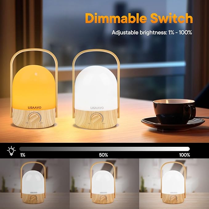Rechargeable Lamp 2600mAh Small Bedside Rechargeable Lanterns Dimmable Led Cordless Tent Light Holiday Gifts Work,Wood