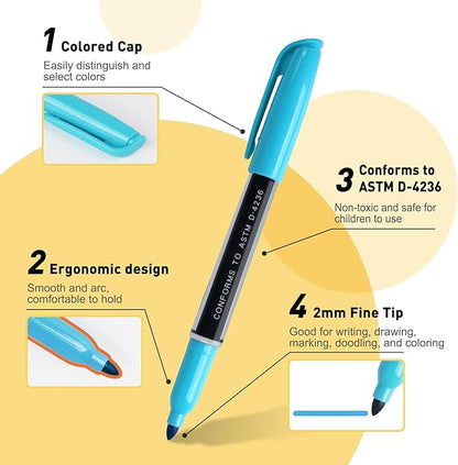 TOWON Permanent Markers 12 Assorted Colors - Waterproof Colored Fine Tip Pens Set, Home Office School Supplies for Kids, Adults Coloring