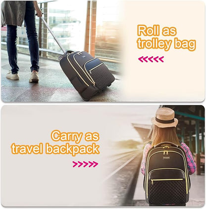 Rolling Backpack Carry On Luggage For Adults With Wheels, 40L Wheeled Backpack For Women, Travel Roller Backpack, Rolling Bag, Black Gold