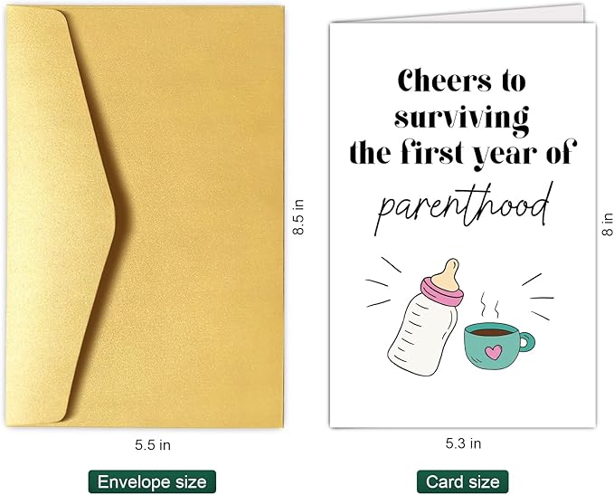 Funny Baby First Birthday Card for New Parents, Baby's 1st Birthday Card for First Time Parents, One Year Parenthood Card, New Parents Gifts, Cheers to Surviving the First Year of Parenthood Card