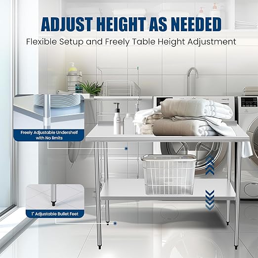 Stainless Steel Table 24 x 48 Inches Metal Prep Table with Backsplash & Adjustable Undershelf, Stainless Table for Commercial Kitchen, Outdoor, Restaurant, Hotel & Garage