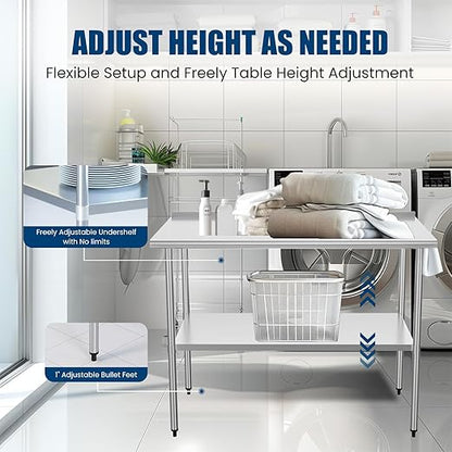 Stainless Steel Table 24 x 48 Inches Metal Prep Table with Backsplash & Adjustable Undershelf, Stainless Table for Commercial Kitchen, Outdoor, Restaurant, Hotel & Garage