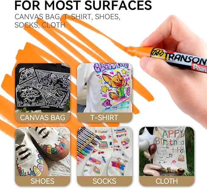 TRANSON 12 Colors Paint Markers for Fabric Rock Craft Diy Painting Medium Tip Oil Based Waterproof