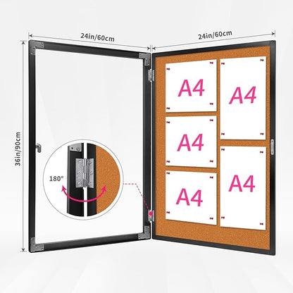 Enclosed Bulletin Board, Cork Noticeboard Board with Clear Acrylic Locking Door, Wall-Mounted Display Case for Indoor, Message Board 36x24in (5xA4)