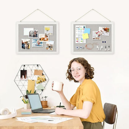 DOLLAR BOSS Cork Boards with Linen 2-Pack 16''X 12'' Cork Board for Walls White Wood Framed Small Bulletin Board Hanging Pin Board for Home Kitchen Office Decoration 20 Pushpin, Grey