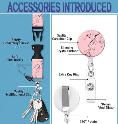ID Badge Holder with Retractable Lanyard and Keychain, Badge Reel with Rotate Carabiner Clip,Pink Blooming Flower Card Name Tag Lanyard ID Protector Bage Clips for Student, Women, Office