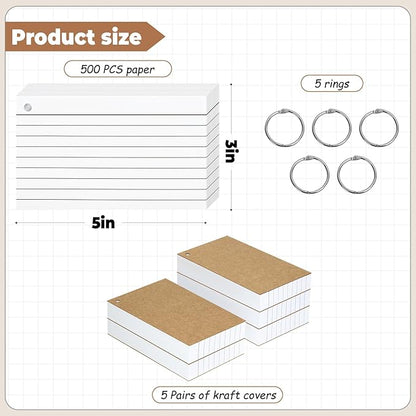 500PCS White Index Cards, 3x5 Inches Flash Cards with Ring, Lined on Both Side Notecards Ruled Study Card Flashcards Heavy Note Cards for Studying, Learning, School, College