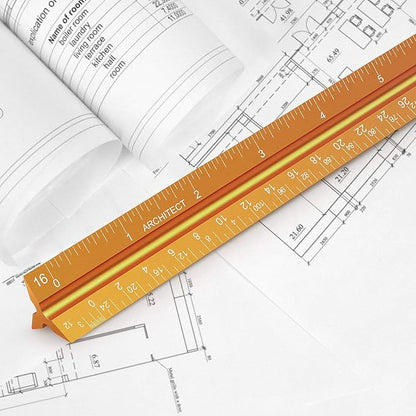 12" Architectural Scale Ruler Aluminum Architect Scale Triangular Scale Ruler for Architects, Draftsman, Students and Engineers, Golden