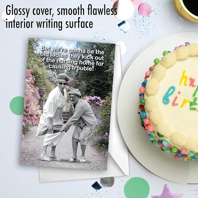 NobleWorks - 1 Funny Happy Birthday Greeting Card - Old Woman Humor, Notecard Talk Bubbles - Old Troublemakers C3567BDG