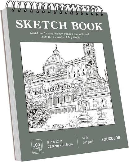 Soucolor 9" x 12" Sketch Book, Back to School Supplies, 1-Pack 100 Sheets Spiral Bound Art Sketchbook, Acid Free (68lb/100gsm) Artist Drawing Book Paper Painting Sketching Pad, College Essentials