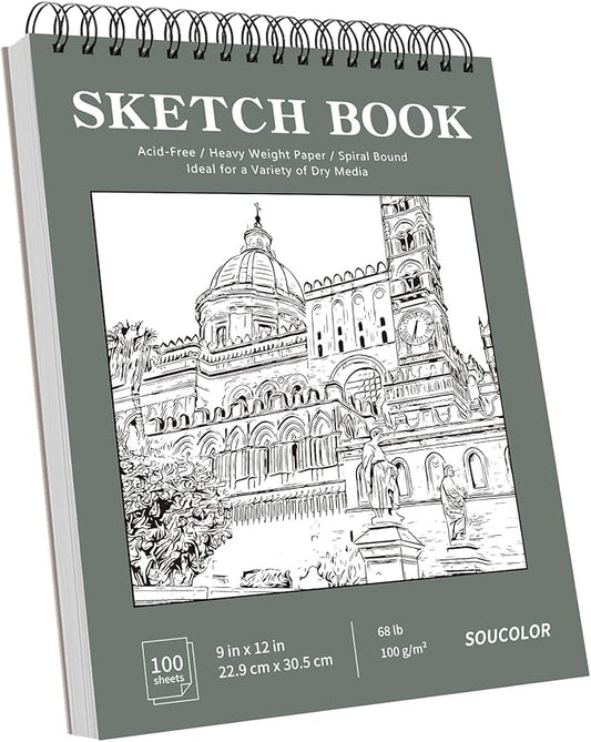 Soucolor 9" x 12" Sketch Book, Back to School Supplies, 1-Pack 100 Sheets Spiral Bound Art Sketchbook, Acid Free (68lb/100gsm) Artist Drawing Book Paper Painting Sketching Pad, College Essentials