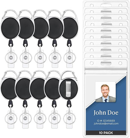 Will Well ID Badge Holders with Clip and Keyring - Vertical Clear Plastic 3.58" x 2.52" Sleeves Fit Up to 3 Cards - Retractable 24" UHMWPE Fiber Pull Cords for Easy Access - 10-Pack, Black Reels